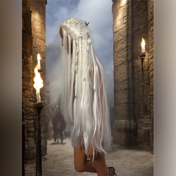 Long Platinum Blonde Braided Wig Elf Viking Mother of Dragons Lord of the Rings - Picture 8 of 12